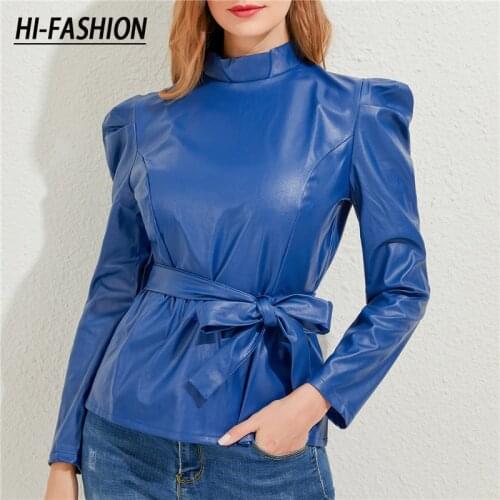 Turtleneck Pu Leather Ladies Blouse High Street Puff Sleeve Shirts Autumn Solid Sashes Back Zipper Pullover Fashion Female Shirt