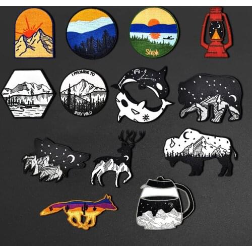Camping lights Cool Black and white landscape bear Patches 3D Diy Dusk and sunrise Embroidered Patches for Clothes Hat Bags