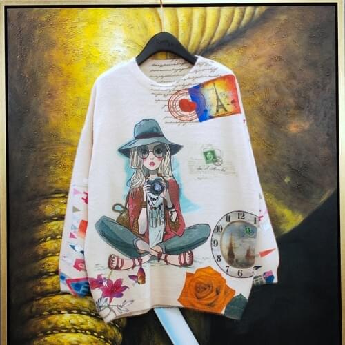 Women Vintage Printed Beauty Sweater 2020 Autumn Winter Imitation Mink Velvet Coat Female Fashion Super Cute Sweet Loose Tops