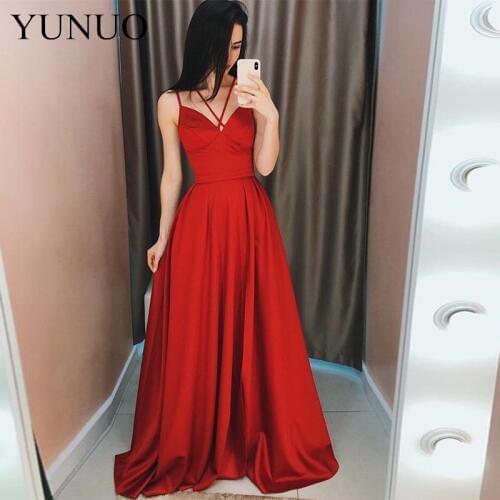 YuNuo Chic Red Spaghetti Straps Arabic Evening Dresses 2019 Sleeveless Vintage Formal Celebrity Party Gowns Cheap Robe Gala N33