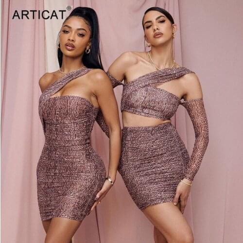 Articat Leopard Print Backless Mini Dresses Women Summer Oblique Shoulder Mesh Zipper Dress Female Sexy Party Vestidos 2021 New