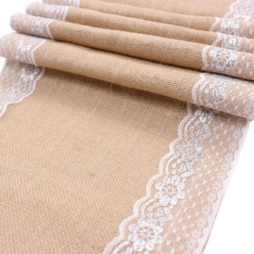 30x275cm Vintage Burlap Lace Table Runner Rustic Natural Jute Shabby Hessian Table Runners for Home Decor Wedding Party Event