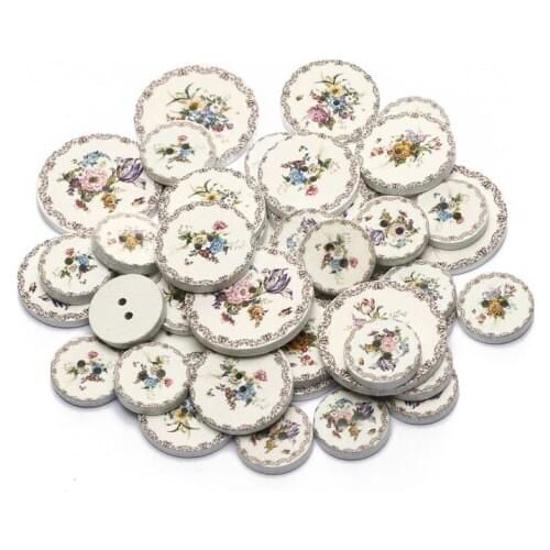 50pcs Noble Printing 2-hole Buttons White Round Lace Wooden Buttons For Clothing Sewing Needlework Romantic Wedding Decoration