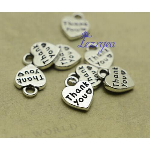 50pcs/lot--12x10mm, heart cham,Antique silver plated heart thank you charms,DIY supplies,Jewelry accessories