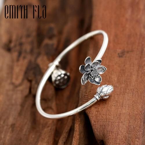 Emith Fla Authentic 925 Sterling Silver Bangle Opening Lotus Seedpod Fashion Jewelry for Women Men Vintage Thai Silver Bracelets