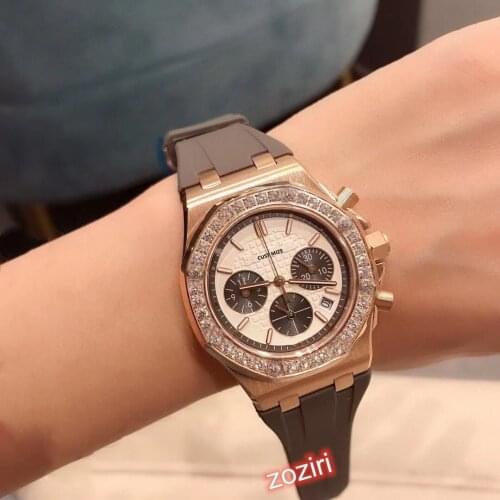 Classic Sapphire Crystal Rose Gold Watch Luxury chronograph Stopwatch Diamond Bezel Women Rubber Stap Watches Fashion Wristwatch