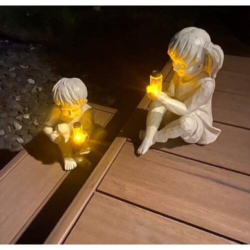 A Kid With Solar Fireflies Garden Statue Resin Jar Boy Girl Statue Whimsical Flowerbed Yard Outdoor Sculpture Decor can