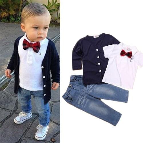 Toddler Suits Boys Bowtie Tshirts Cardigan Jeans Baby Gentleman 3 Pieces Ses Kids Tops Childrens Denim Long Pants Coat