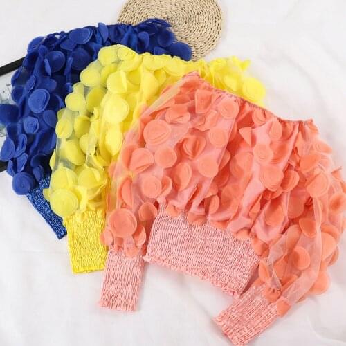 Women Slash Neck Lantern Sleeve 3D Layers Flower Mesh Gauze Ruffles Chiffon Shirt Lady Short Elastic Slim Waist Chic Blouse Tops