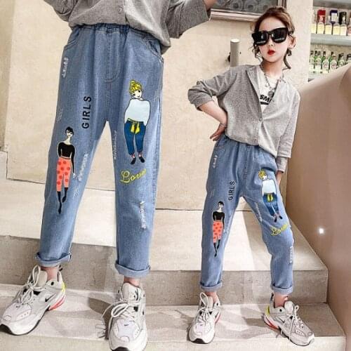 Girls Jeans Spring Autumn 2021 New Childrens Pants Teens Loose Trousers Big Childrens Spring Clothes