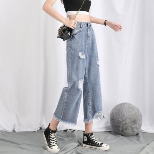 Wide-leg Jeans Womens Thin Summer New Style Ripped High-waisted Loose and Thin Straight Eight-point Mother Jeans Woman Jeans