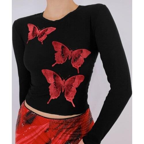 Butterfly Print Kawaii Graphic Y2K T Shirt Goth E Girl Streetwear Crop Top Women Long Sleeve O Neck Slim Black Baby Tee