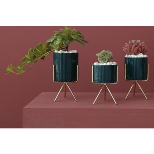 Nordic Style Design Electroplated Iron Frame Ceramic Flower Pot Simulation Plant Home Partition Bonsai Vase Decoration