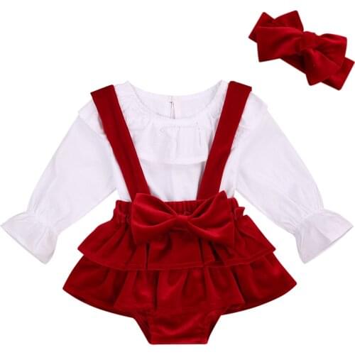 0-24M Christmas Newborn Infant Baby Girl Clothes Set Ruffles White Tops Bow Red Velvet Shorts Headband Outfits Xmas Costume
