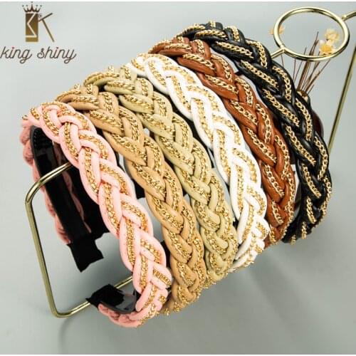 King Shiny Elegant Gold Color Chain Twisted Headband Vintage PU Leather Braided Hairband Girl Party Hair Accessories Tiara Bezel