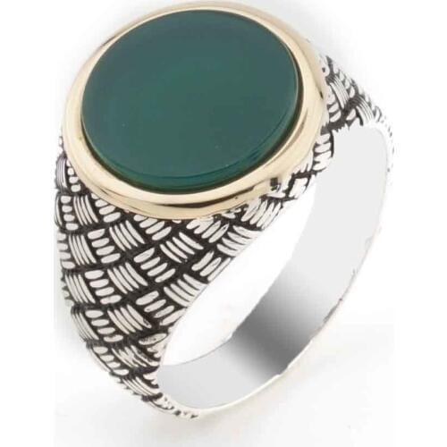 Green Round Agate Stone Silver Men 'S Ring