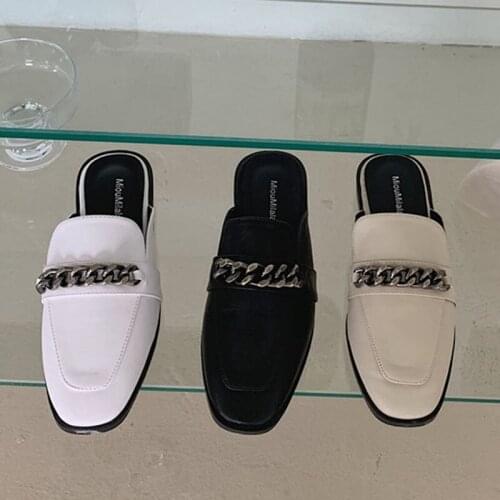 35-41Plus Size square toe mules metal chain slippers women sandalias flip flops pantufas shoes woman low heels cover toe slides