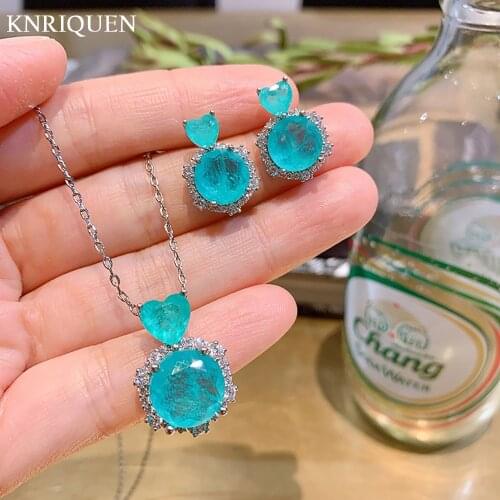 2021 New 925 Sterling Silver Round Paraiba Tourmaline Emerald Womens Pendant Necklace Earrings Fine Jewelry Sets for Girlfriend