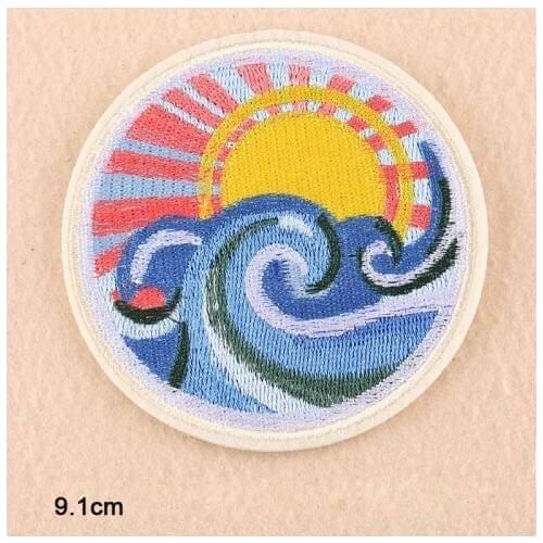Full Embroidery Sunrise Sunset in Sea Outdoor Iron On Embroidered Clothes Patches For Clothing Stickers Garment