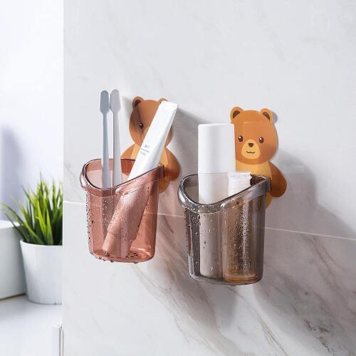 Cartoon Bear Washing Storage Tube Shaver Storage Box Bathroom Wall Mount Toothbrush Holder Home Draining Storage Rack