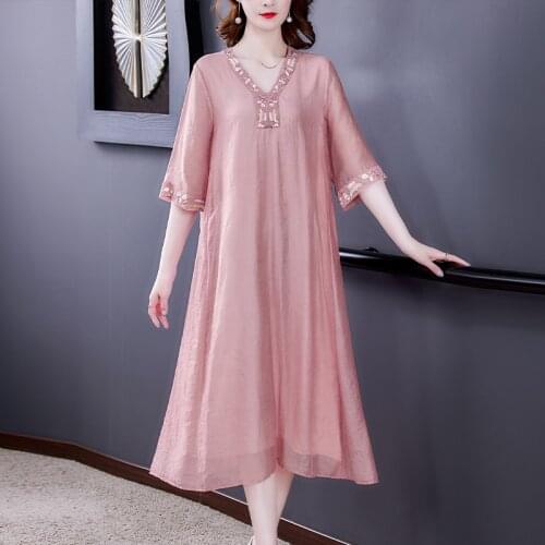 2021 New Cotton Embroidery Loose Large Hem Womens Dress Simple Korean Stitching Three-quarter Sleeve Women Clothes