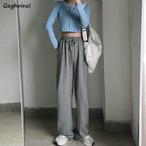 Solid Drawstring Women Casual Pants Wide Leg Straight Trousers Simple Mopping Thin Spring Streetwear Students Chic Bottom Trendy