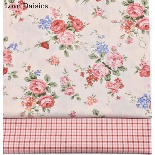 Pastoral pink purple rosa flower floral RED check 100% cotton twill fabrics for DIY girl bedding apparel dress handwork decor