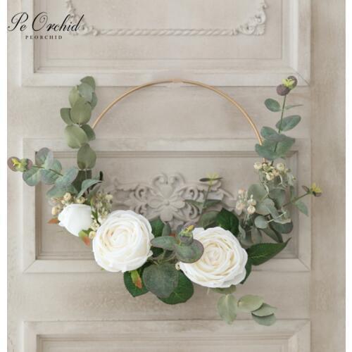 PEORCHID Bridal Bouquet flower Girl Bridesmaid Handheld Garland Gold Metal Ring Wreath Hanging Artificial Flower Wedding Decor