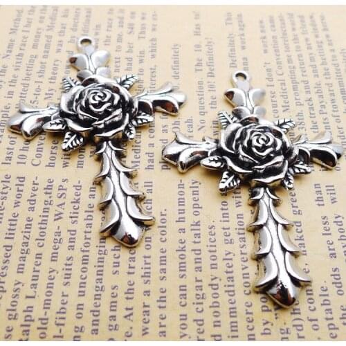 2 PCS/Lot 40mm*56mm Flower Pendant Rhodium Color Cross Charms For DIY Jewelry Making DIY Keychain