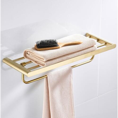 Movable Bath Towel Holder Brushed Gold Foldable Wall Mounted 60 cm Bathroom Towel Rack Holder 304 Stainless Steel Towel Shelf