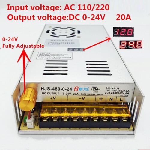 480W 20A 0-24V Adjustable Power Supply HJS-480-0-24 DC voltage regulated SMPS with Digital Display