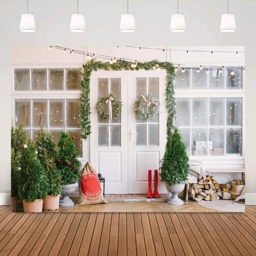 Christmas Window Background Winter White Door Photo Shoot Christmas Trees Wreath Children Portrait Backdrop for Photography