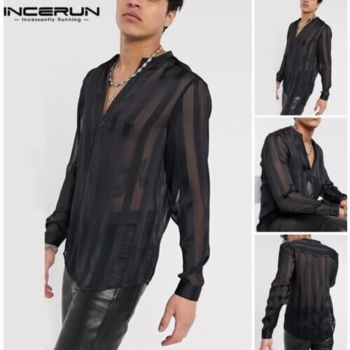 INCERUN Man See Through Black Camisa Sexy Nightclub Blouse Streetwear Men Mesh Stripe Shirt Fashion Long Sleeve V Neck Shirt 5XL
