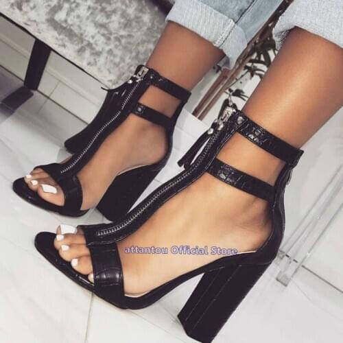 New Spring Summer chunky high heeled Black Triple Strap Sandal High Heels shoes women front zipper sandals