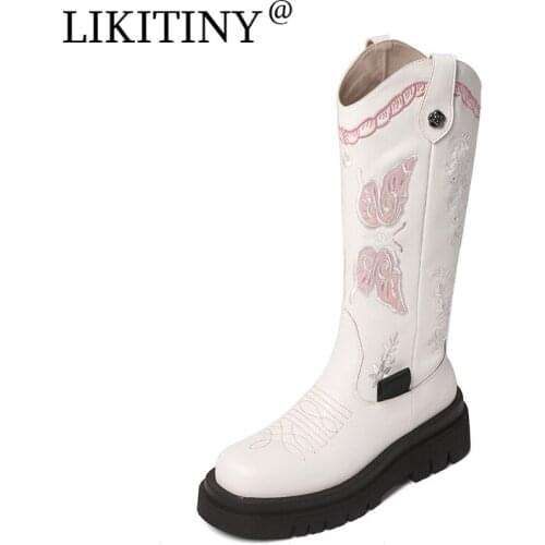 NEW LIKITINY 2021 Spring Autumn Womens shoes Genuine Leather White Slip on Crystal Rhinestone Round Toe Knee High Boots 33 40