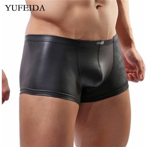 Sexy Mens Underwear Boxer Shorts PU Leather Boxers Trunks Low Rise Underpants Male Panties Beachwear Nightwear Mens Lingerie