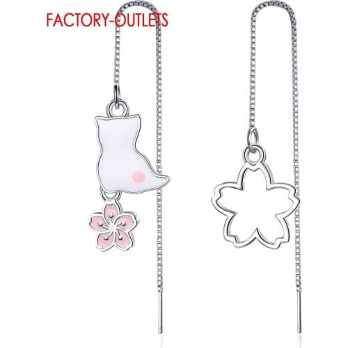 Fashion High Quality Genuine 925 Sterling Silver Asymmetry Little Cat Flower Pattern Drop Earrings For Women Silver Jewelry
