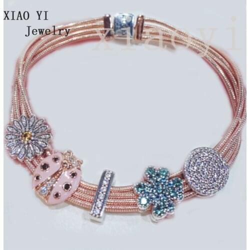 XIAOYI 2020 New 100% S925 Rose-colored flowers lucky leaves insects studded with diamond rings wide plate bracelets female