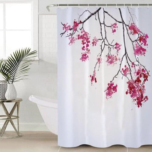 Plant Pink Flower Branch Shower Curtain Bathroom Decorative Waterproof Polyester Fabric Curtain for Bathroom