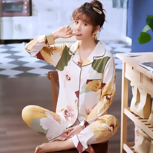 Women Pajamas 2 Pieces Cotton Sleepwear Pijama Silk Pajamas Nightwear Home Clothes Flower Print Sleep Lounge Pyjama Pyjamas Set