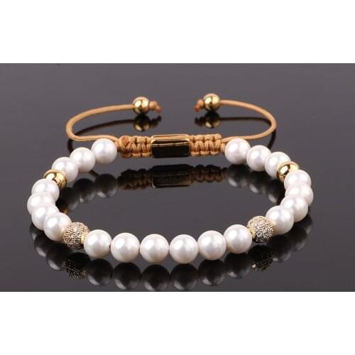 New Design High Quality Shell Pearl Beaded CZ Pave Ball Adjustable Macrame Bracelet Women