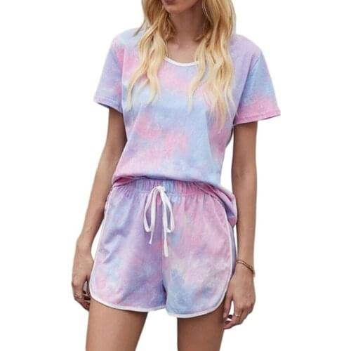 Women Summer Set Gradient Tie-Dye Short Sleeve Tops Drawstring Shorts Loose Lounge Tracksuit Homewear