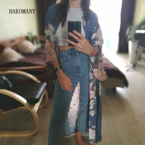 2019 Bohemian V neck Peacock Flower Print Long Kimono Shirt Ethnic New Lacing up Sashes Long Cardigan Loose Blouse Tops