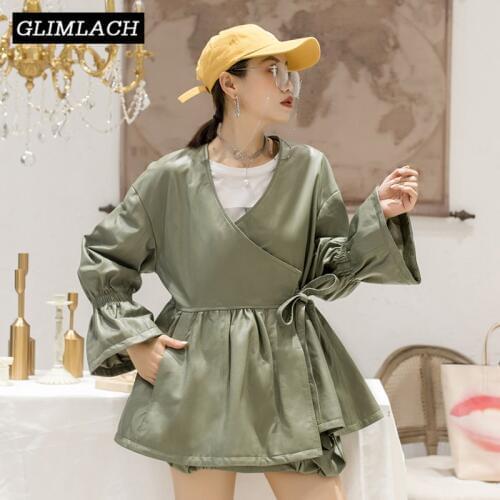 2019 Short Pleated Dress Coat Lace Up Real Leather Flare Sleeve V-Neck Sheepskin Genuine Leather Jacket Harajuku Casual Outwear