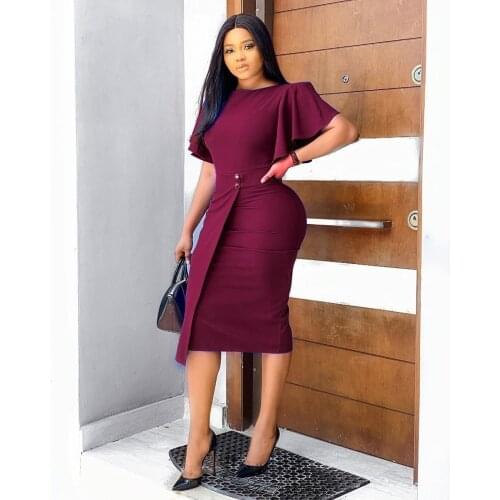 Women Summer Butterfly Sleeve Bodycon Dress African Clothing Elegant Office Ladies Wear Knee Length Modest Dresses Vestidos