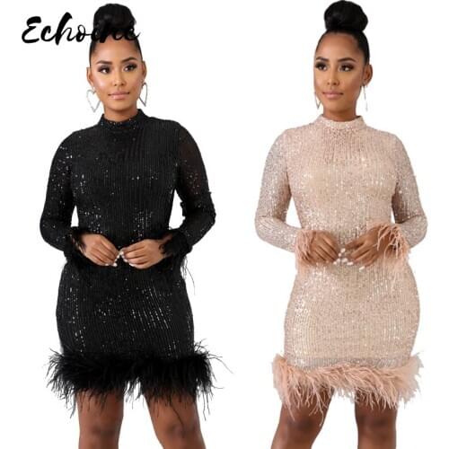 Women O-Neck Long Sleeve Sequined Above Knee Dress Sexy Night Club Feather Bandage Mini Christmas Dresses Plus Size S-2XL