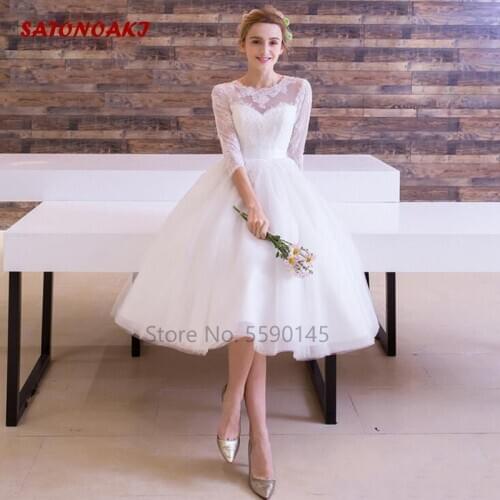 Beach Short Wedding Dress 2020 Lace Applique 3/4 Sleeve Elegant Boho Garden Bridal Gown Sheer Neck Tea-Length Vestido De Novia