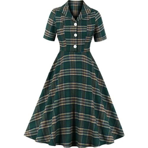 Vintage Dress 2021 Green Plaid Print Retro Women Summer Dress Casual Party Office Robe Rockabilly Dresses Plus Size Vestidos