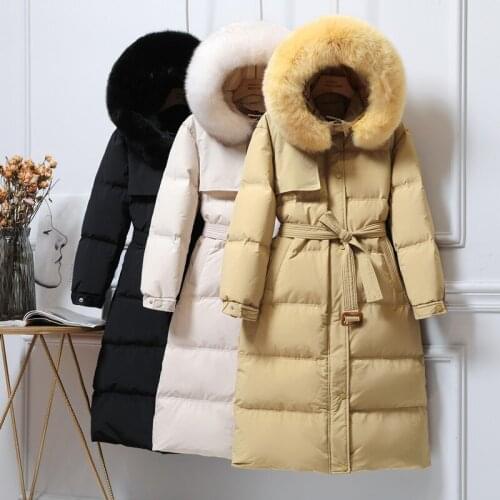 2020 Winter Long White Duck Down overcoat Female New Warm Parker Down Jacket Woman Middle Long Large Fur Collar Down Jacket