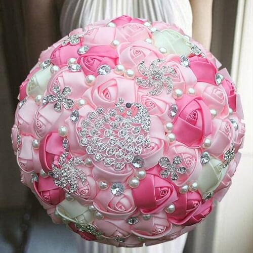 1pc/lot pink Rhinestones Holding Flowers Wedding Flowers Bridal Bouquets Ivory Ribbon Brooch Bouquet Wedding Diamond Bouquet